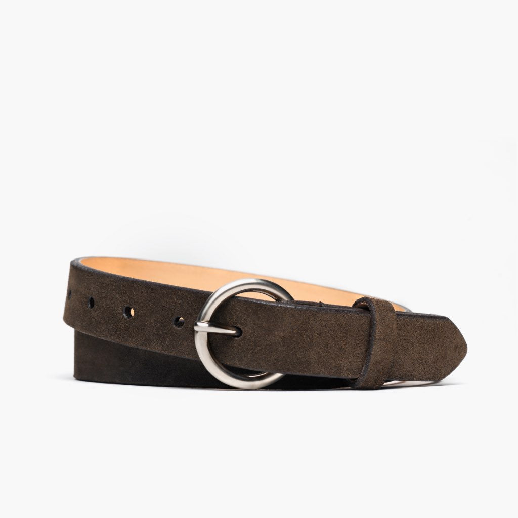 1024x1024-Women-CircleBelt-Olive-BuckledFront-201228 Women's Circle Leather Belt | Dark Olive Suede - Image 1