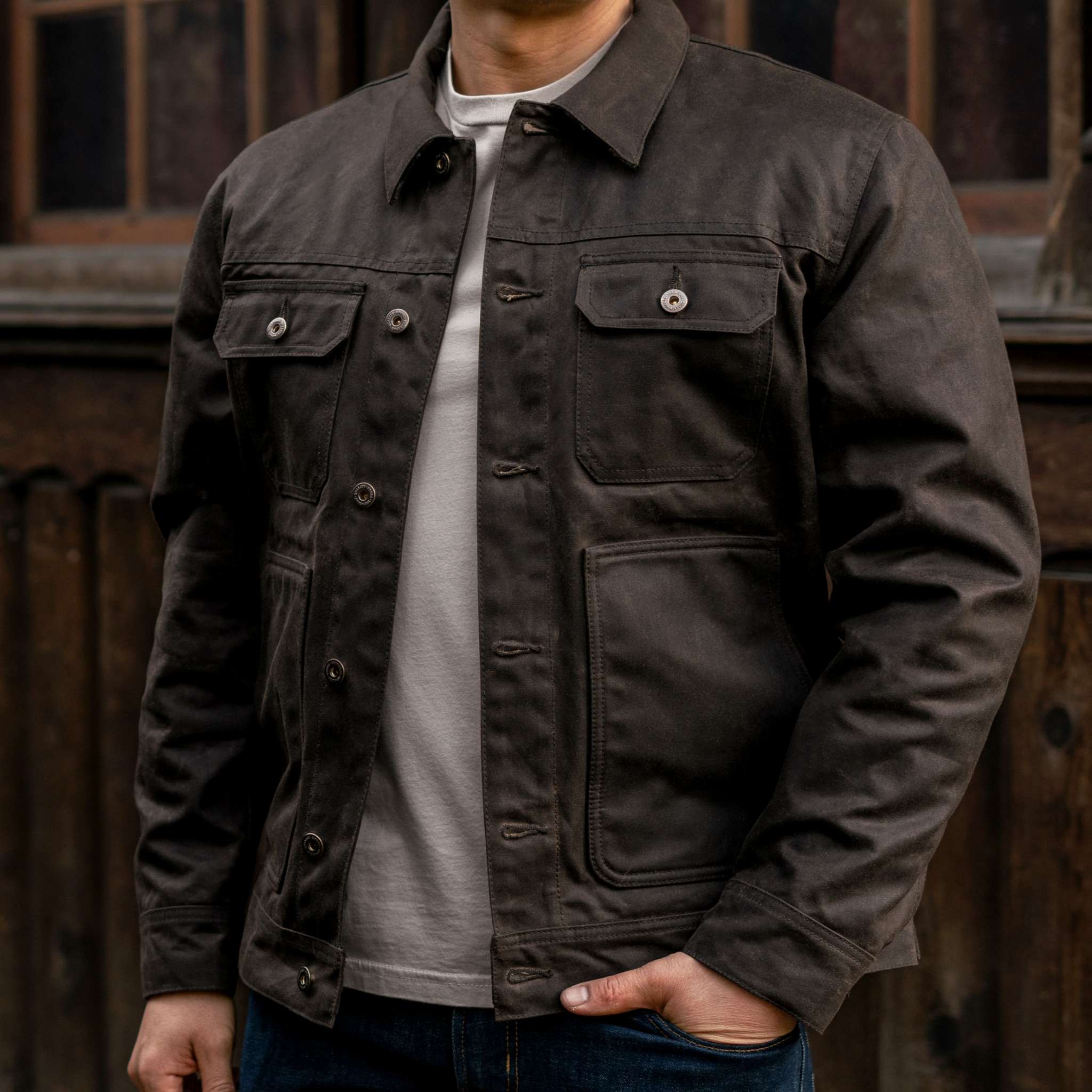 2048x2048-Mens-WaxedCanvasTrucker-Olive-011425-1 Waxed Trucker Jacket | Dark Olive - Image 1